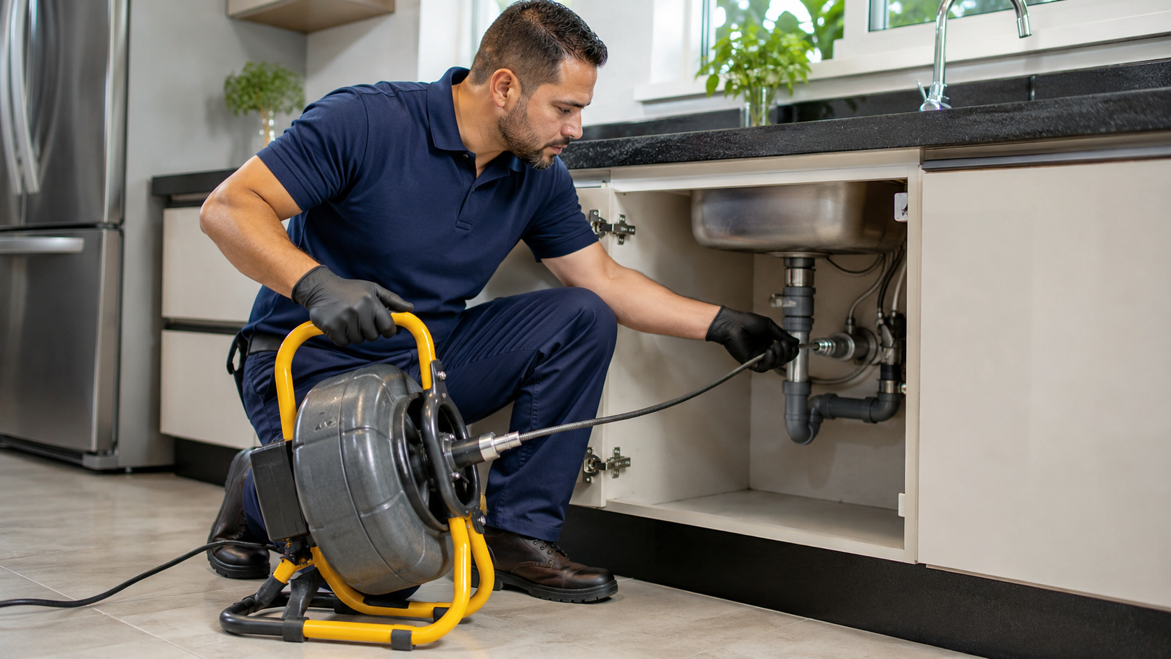 Técnico da Líder desentupindo pia de cozinha com máquina rotativa